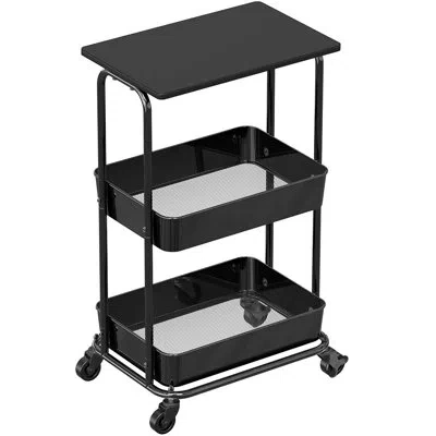 Homcom Two-tier Multifunctional Mobile Cart—mobile Storage Rack With Wooden Top And Lockable Casters In Black