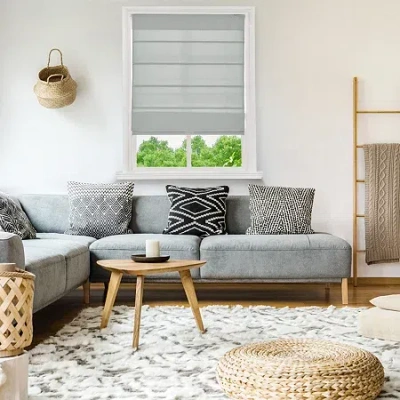 Home Basics Classic Cotton Canvas Fabric With Privacy Liner Custom Cordless Light-filtering Roman Shade In Gray