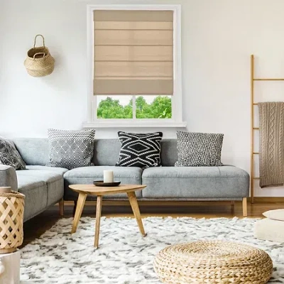 Home Basics Classic Cotton Canvas Fabric With Privacy Liner Custom Cordless Light-filtering Roman Shade In Neutral