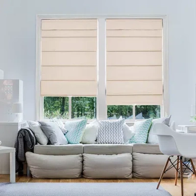 Home Basics Classic Cotton Twill Fabric With Blackout Liner Custom Cordless Blackout Roman Shade In Neutral