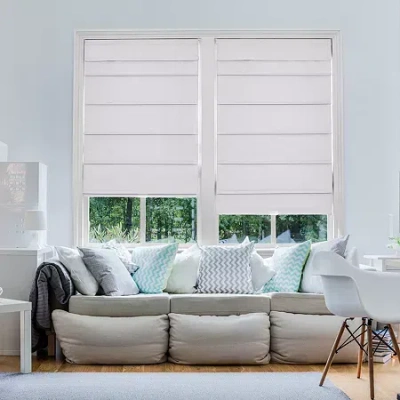 Home Basics Classic Cotton Twill Fabric With Blackout Liner Custom Cordless Blackout Roman Shade In White