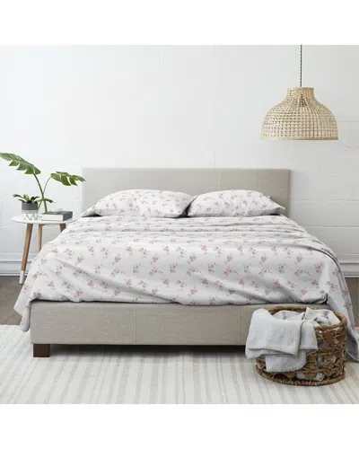 Home Collection Rose Bunch 4pc Pink Flannel Sheet Set In White