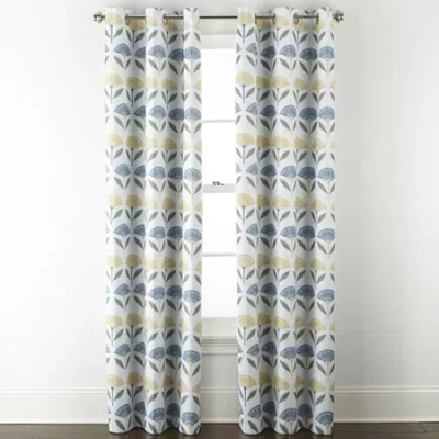 Home Expressions Allister Print Fan Floral Grommet Top Energy Saving 100% Blackout Single Curtain Panel In Blue