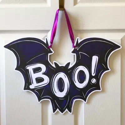 Home Malone Boo! Bat Halloween Door Hanger Spooky Fall Outdoor Decor In Purple In Multi