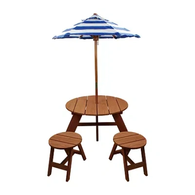 Home Wear China Child Wood Round Table W/ Umbrella And 2 Chairs Outdoor Play Set In Multi