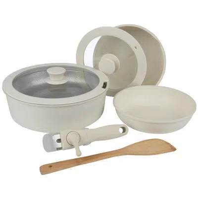 Home-complete 8-piece Pots And Pans - Nonstick Cookware Set With Detachable Handle, Lids, Spatula, And Steam Pan - In Cream