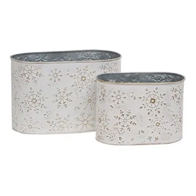 Homegifo 2/set Distressed White Metal Oval Buckets W/gold Embossed Snowflakes In Gray