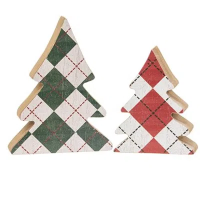 Homegifo *2/set Distressed Wooden Plaid Christmas Trees In Multi