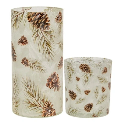 Homegifo 2/set Frosted Glass Woodland Pine Pillar Holders In White