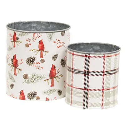 Homegifo 2/set Pine & Plaid Cardinal Metal Buckets In White