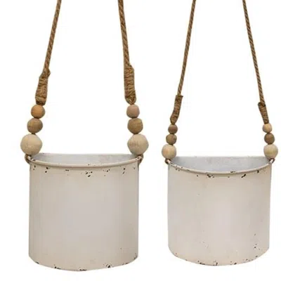 Homegifo 2/set Shabby Chic Half Round Planters With Jute Hangers In White