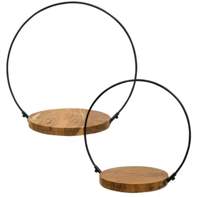 Homegifo 2/set Wood & Iron Halo Candle Holders In Brown