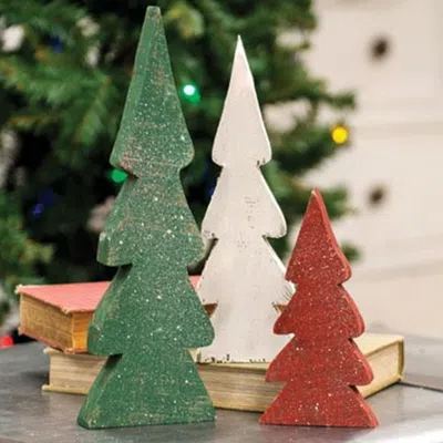 Homegifo 3/set Distressed Christmas Colors Wooden Trees In Multi