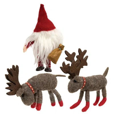 Homegifo 3/set Felted Santa W/reindeer In Brown