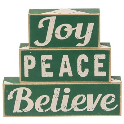 Homegifo 3/set Plaid Joy Believe Peace Wooden Blocks In Green