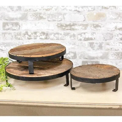 Homegifo 3/set Weathered Wood And Metal Round Risers In Brown