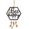 Homegifo *bee Happy Hanging Wooden Cutout With Beaded Tassels