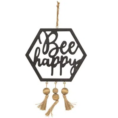 Homegifo *bee Happy Hanging Wooden Cutout With Beaded Tassels In Black