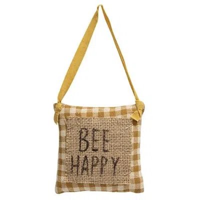 Homegifo *bee Happy Mustard Check And Burlap Pillow Hanger In Neutral