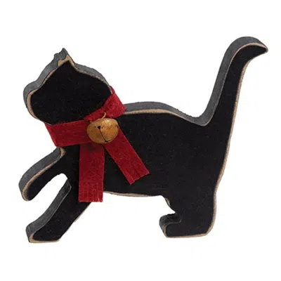 Homegifo Black Cat Wooden Sitter With Rusty Jingle Bell