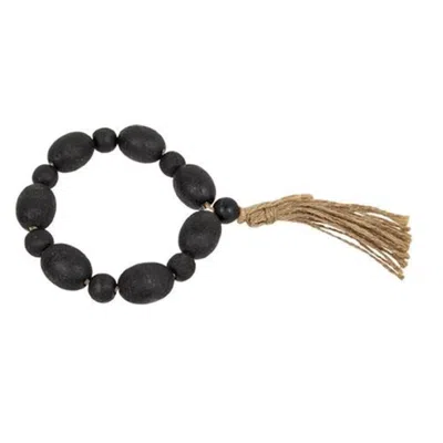 Homegifo *black Distressed Wood Oval Bead Candle Ring W/jute Tassel