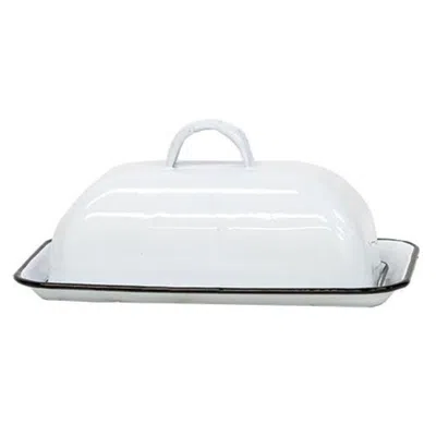Homegifo Black Rim Enamel Butter Dish In White