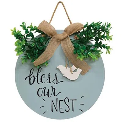 Homegifo *bless Our Nest Round Sign W/greenery & Burlap Bow In Blue