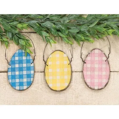 Homegifo Buffalo Check Distressed Wooden Egg Ornament 3 Asstd. In Multi