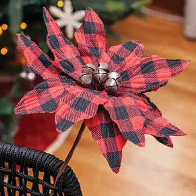 Homegifo *buffalo Check Jingle Bell Poinsettia Stem 9.5" In Red