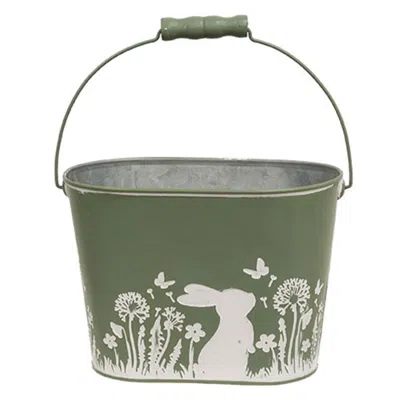 Homegifo Bunny Embossed Green Oval Metal Bucket
