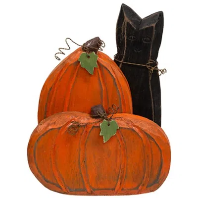 Homegifo Carved Wooden Pumpkin Duo & Black Cat In Orange