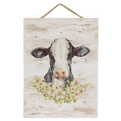 Homegifo Cow & Flowers Portrait Hanging Sign In Neutral