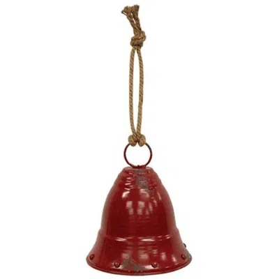 Homegifo Distressed Red Metal Bell W/jute Hanger Small