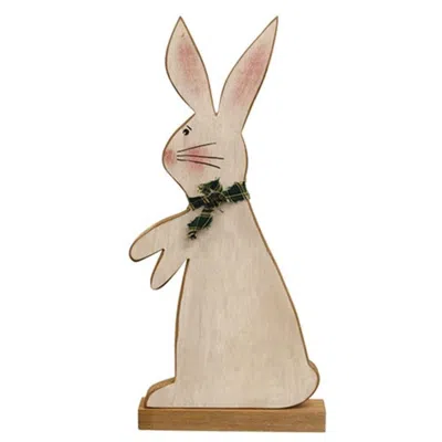 Homegifo Distressed Standing Wooden Bunny W/ Green & White Scarf On Base In Brown