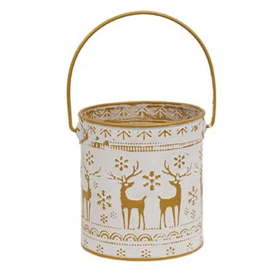 Homegifo Distressed White Metal Bucket W/gold Embossed Reindeer & Snowflakes