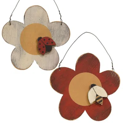 Homegifo Distressed Wooden Flower & Bug Ornament 2 Asstd. In Multi