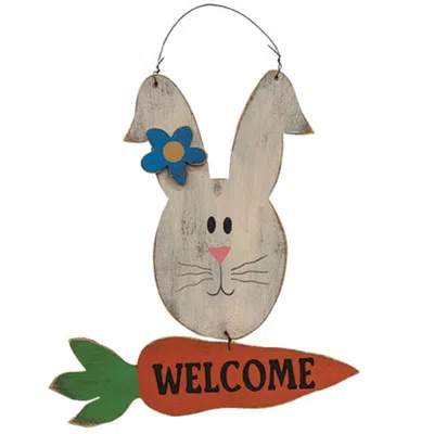 Homegifo Distressed Wooden "welcome" Bunny Hanger In Multi
