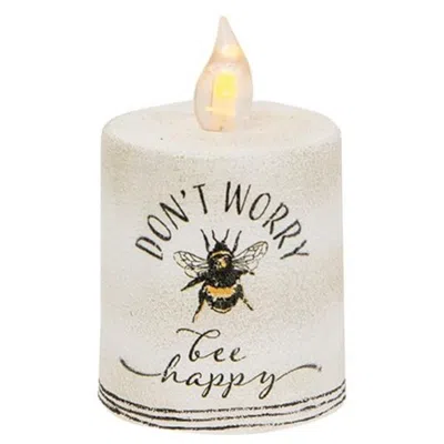 Homegifo Don't Worry Bee Happy Flame Timer Pillar 2.25" X 2.5" In White