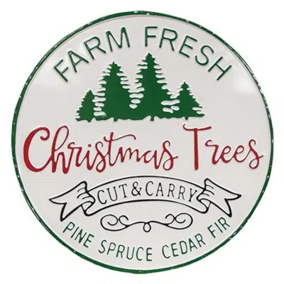 Homegifo Farm Fresh Christmas Trees Distressed Round Metal Sign In White