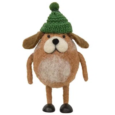 Homegifo *felted Dog W/green Hat Ornament In Brown