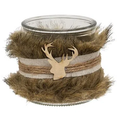 Homegifo Furry Jar W/reindeer Charm - 4" Dia. X 4"h In Brown