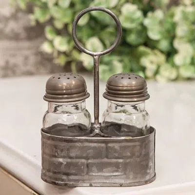 Homegifo Galvanized Embossed Salt & Pepper Caddy W/shakers In Metallic