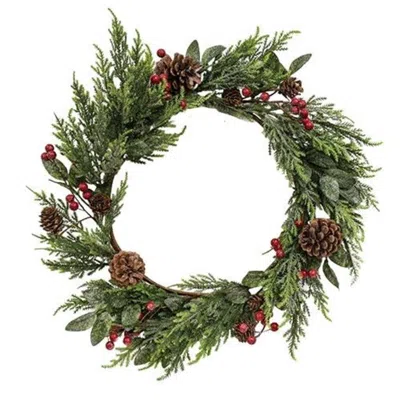 Homegifo Glittered Cedar Wreath W/pinecones & Berries In Green