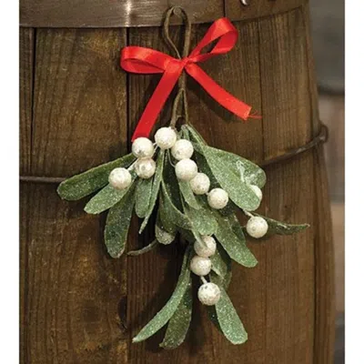 Homegifo Glittered Mistletoe Bunch W/red Ribbon In Green