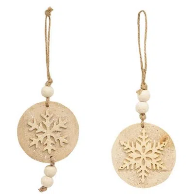 Homegifo Glittered Natural Snowflake Wood Round Ornament 2 Asstd. In Neutral