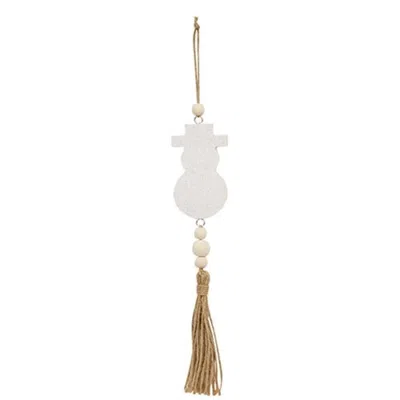 Homegifo *glittered White Snowman Beaded Wood Ornament With Tassel In Neutral