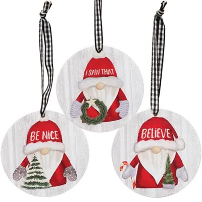 Homegifo *gnome's Watching Round Wooden Ornament 3 Asstd. In White