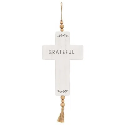 Homegifo *grateful Cross Wood Ornament W/beads & Tassel In White