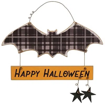 Homegifo Happy Halloween Buffalo Plaid Bat Sign In Orange
