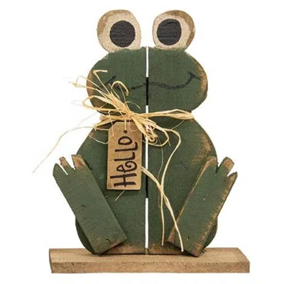 Homegifo Hello Sitting Rustic Wood Froggy On Base In Green